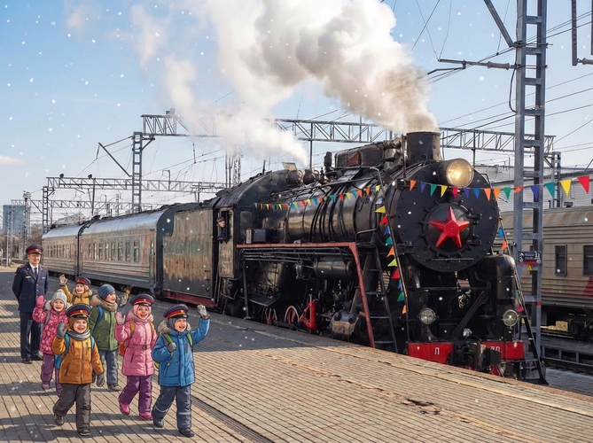 Ретропоезд для детей в гости к стеклодуву